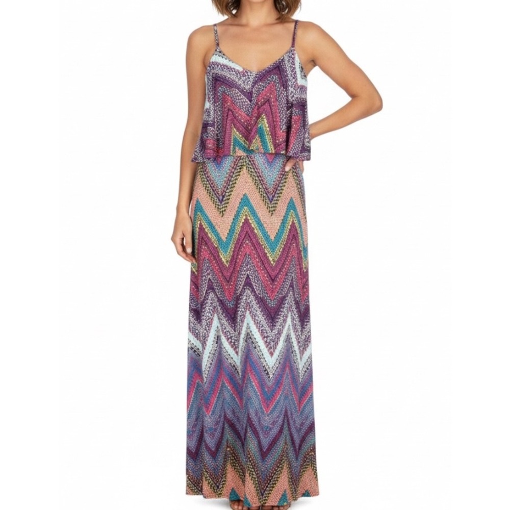 VERONICA M Stretch Knit GEOMETRIC/CHEVRON Sleeveless TIE BACK Maxi Dress Sz XS